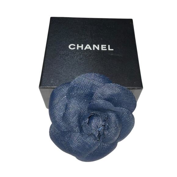 CHANEL Camellia Brooch Corsage Navy Organza W/ Box - Picture 2 of 9